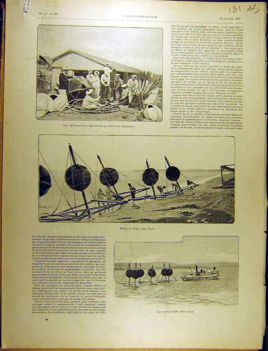 Original Old Antique Print 1902 Fabrication Butts Fort Gapeau Caledonien Navy