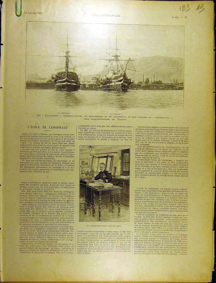 Old Antique Print 1902 L'Ecole Canonnage Ship Krantz Couronne Initiation 20th