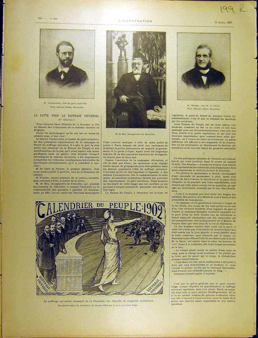 Old Antique Print 1902 Portraits Vandervelde Mot Woeste Suffrage French 20th