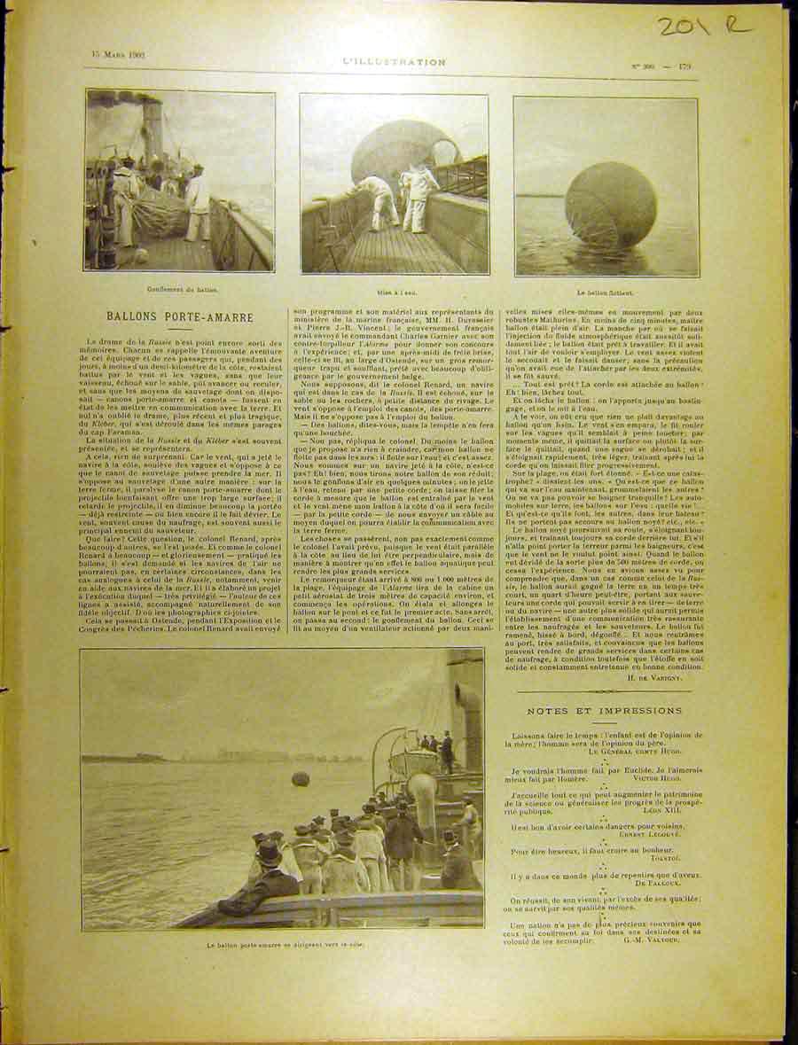 Original Old Antique Print 1902 Navy Balloon Port Amarre Float French 20th