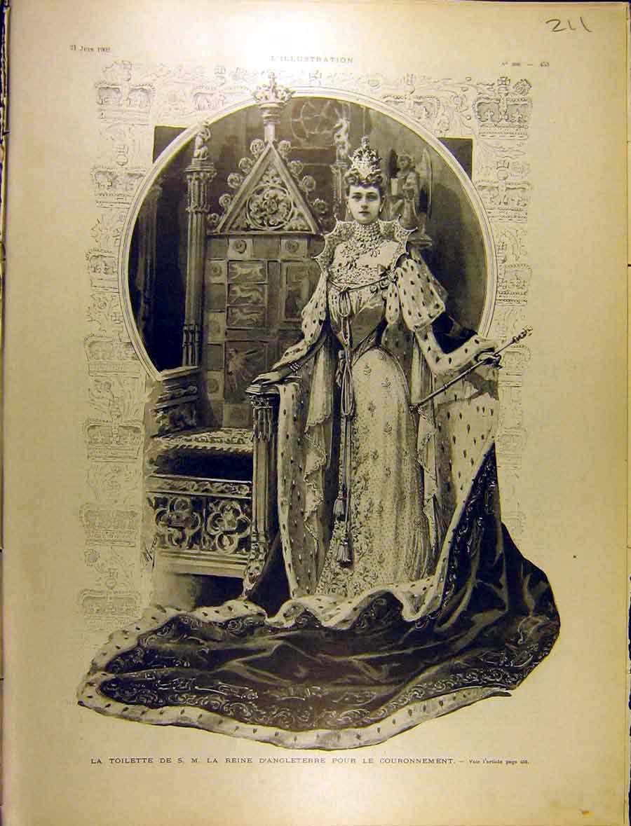Original Old Antique Print 1902 Royal Toilette Reine D'Angleterre Couronnement