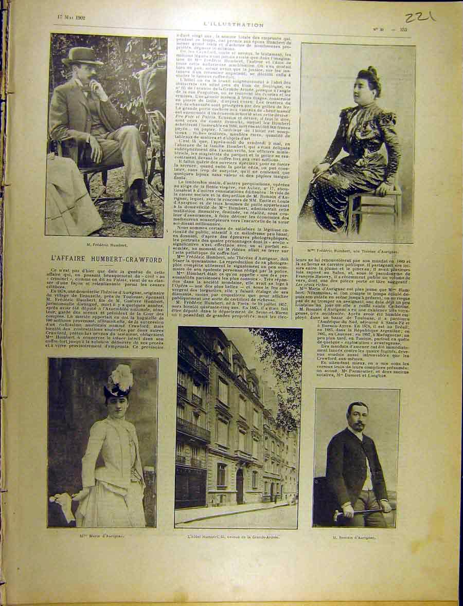 Old Antique Print 1902 L'Affaire Humbert Crawford D'Aurignac Hotel French 20th