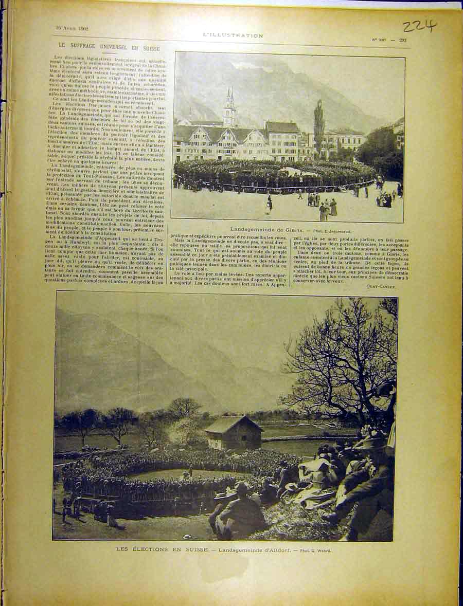 Original Old Antique Print 1902 Elections Swiss D'Altdorf Glaris Suffrage French