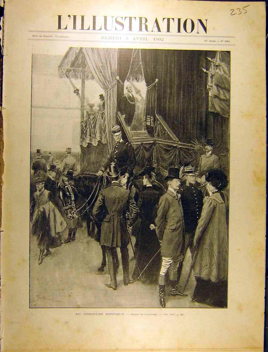 Original Old Antique Print 1902 Au Concours Hippique Dans La Coulisse French
