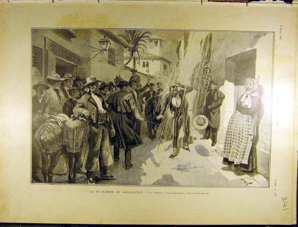 Old Antique Print 1902 La Mi-Careme En Andalousie Pelele Painting French 20th