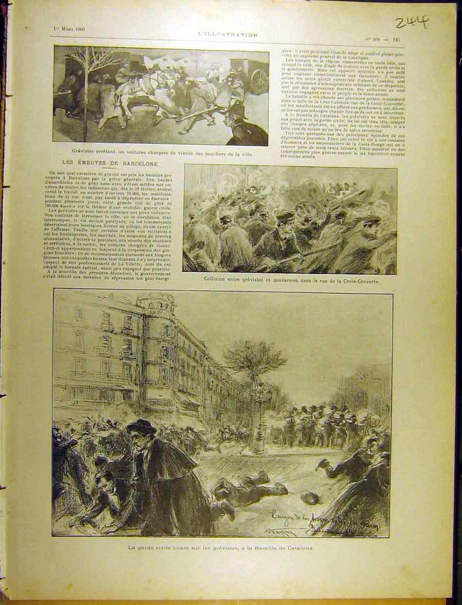 Original Old Antique Print 1902 Garde Civile Tirant Grevistes Rambia Cataluna
