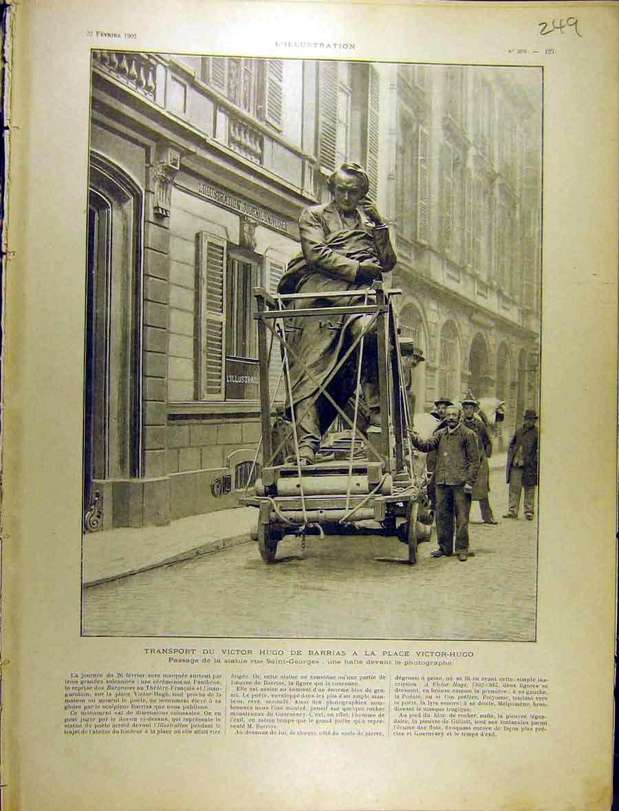 Original Old Antique Print 1902 Statue Victor Hugo Transport St. Georges French