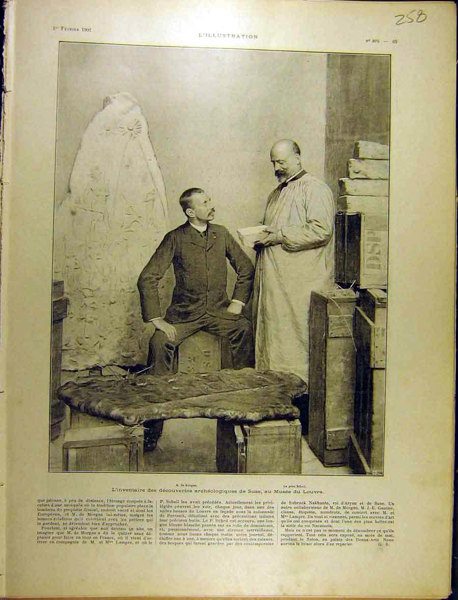 Original Old Antique Print 1902 Morgan Schell Inventor Archeology Louvre French
