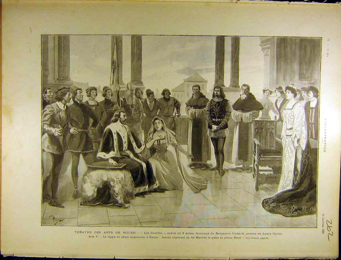 Original Old Antique Print 1902 Theatre Rouen Guelfes Godard Gallet Prince Henry