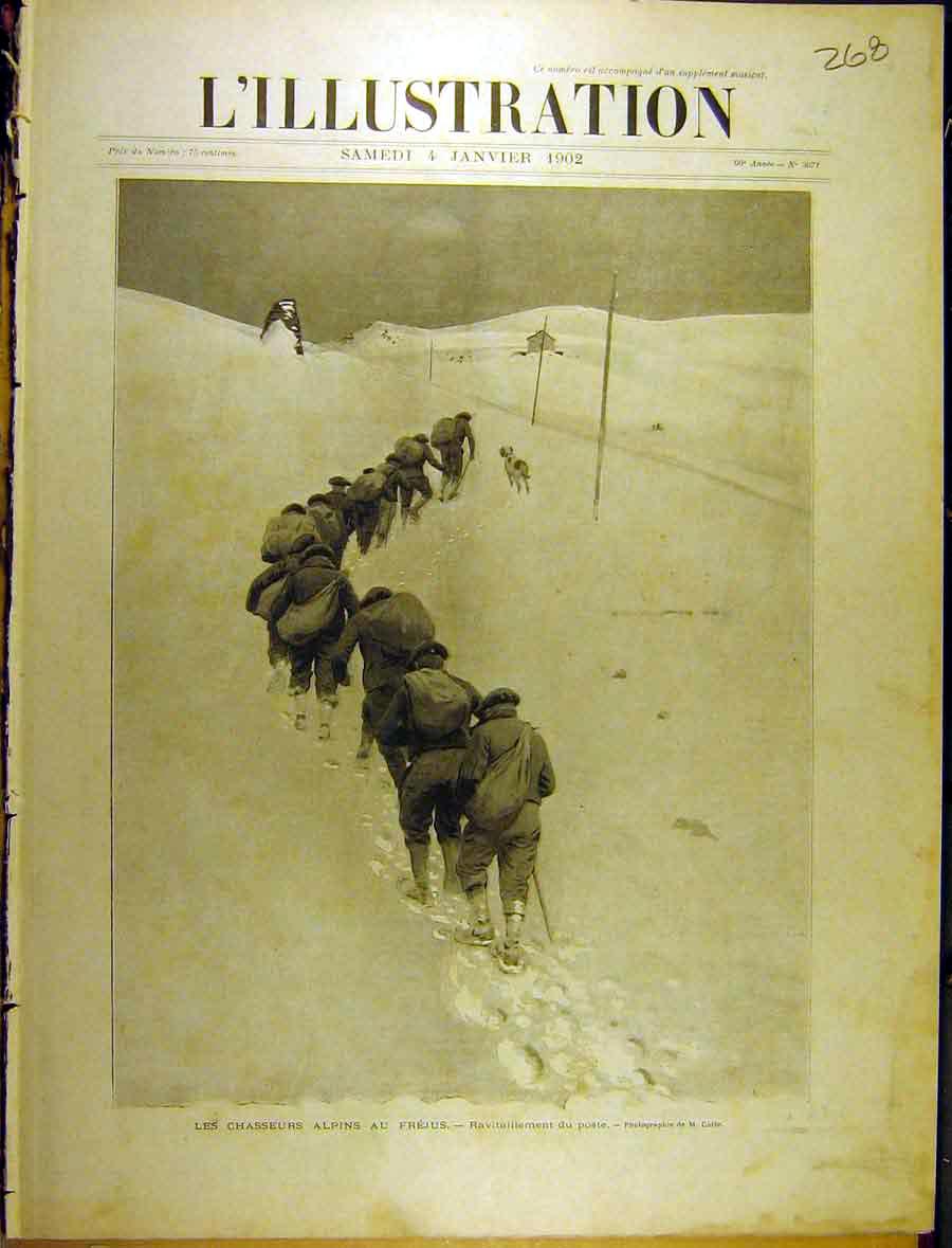 Original Old Antique Print 1902 Alps Snow Troops France Frejus Climb Peak French