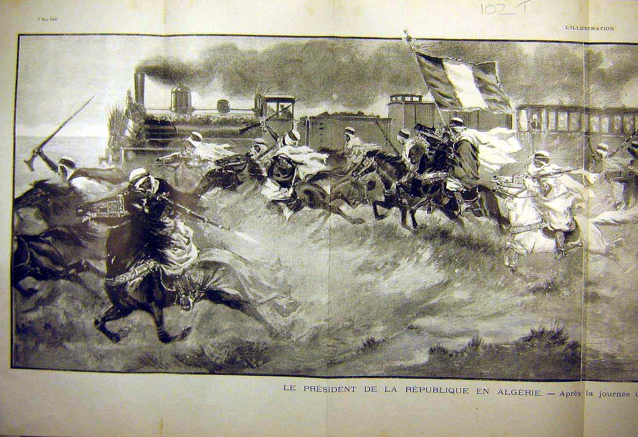 Original Old Antique Print 1903 Algeria President Kreide Train-Journey 20th