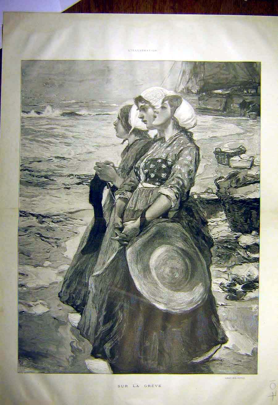 Original Old Antique Print 1903 By-The Grave Seaside Bartels Widow French 20th