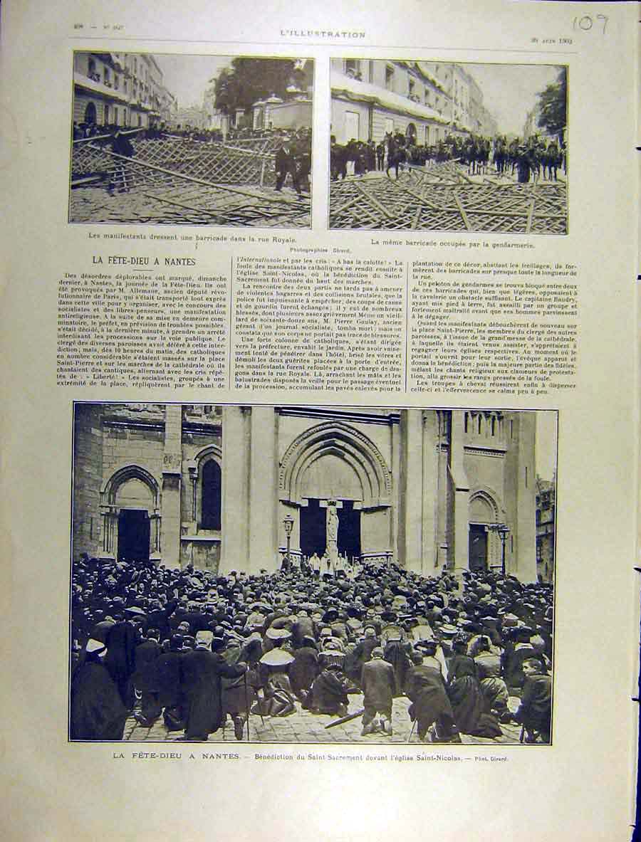 Original Old Antique Print 1903 Fete Nantes Barricade Church Saint-Nicolas Page