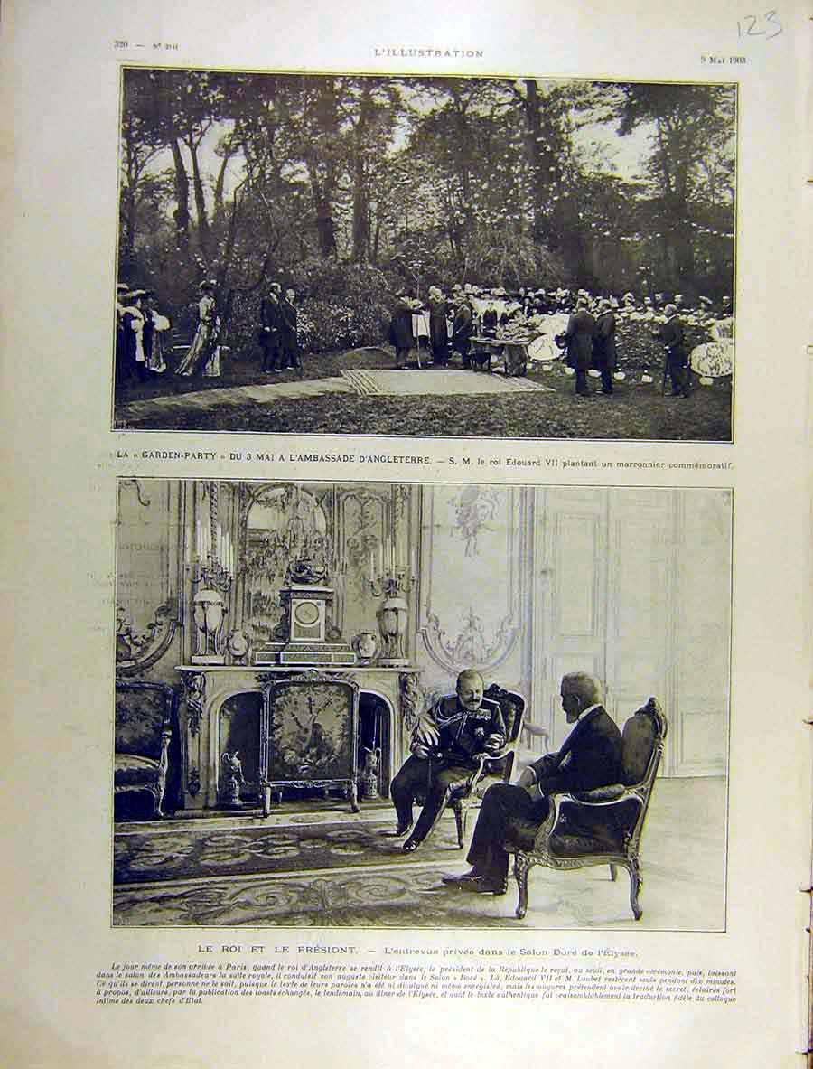 Original Old Antique Print 1903 Garden-Party King Edward Loubet French 20th