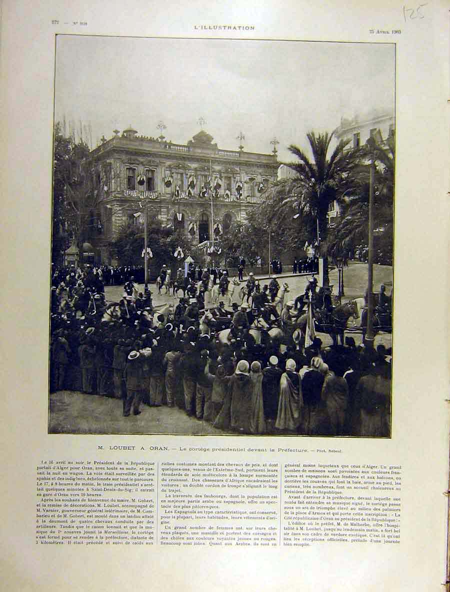 Original Old Antique Print 1903 Loubet Oran Cortege Prefecture French 20th