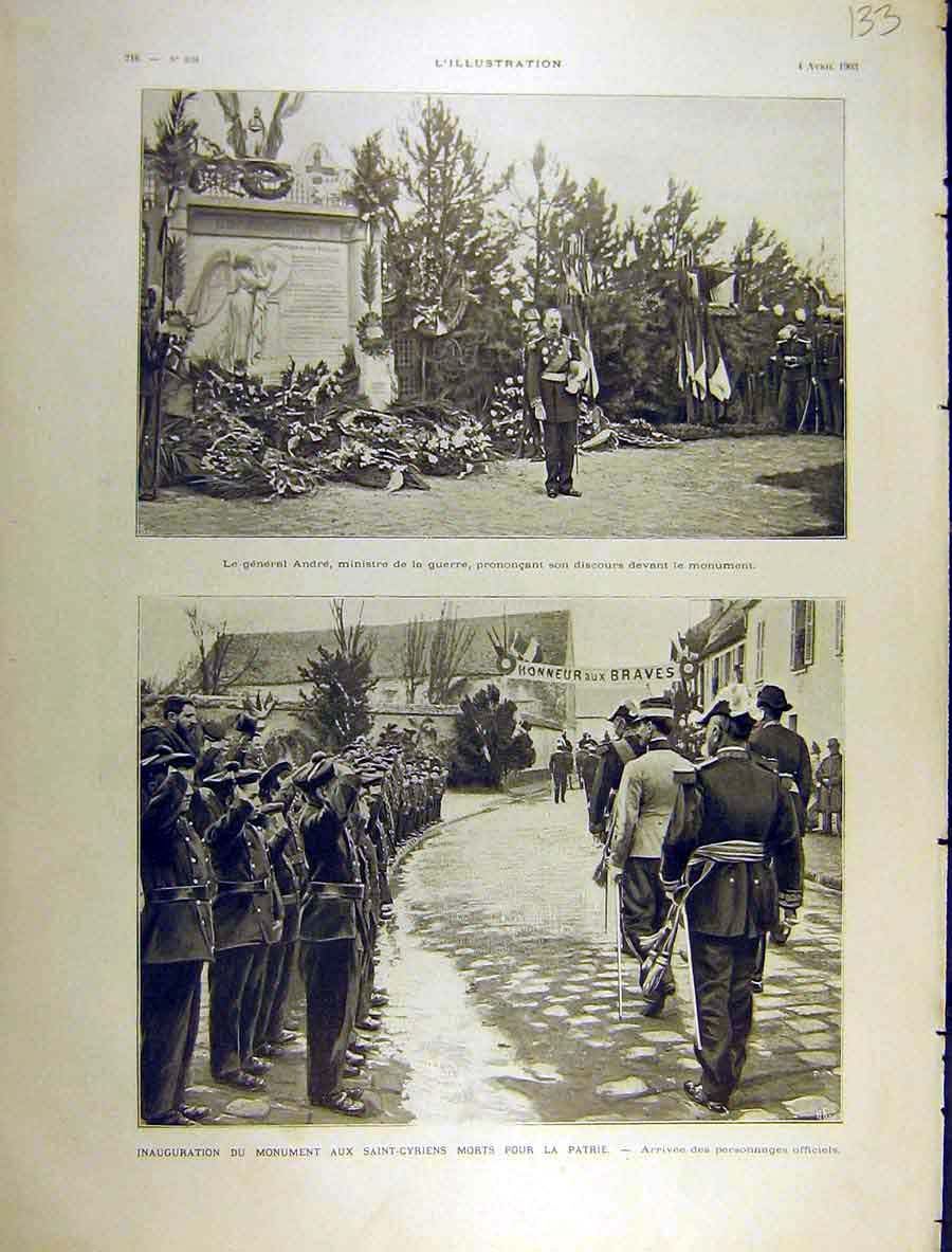 Original Old Antique Print 1903 General Andre War Memorial Saint-Cyriens 20th