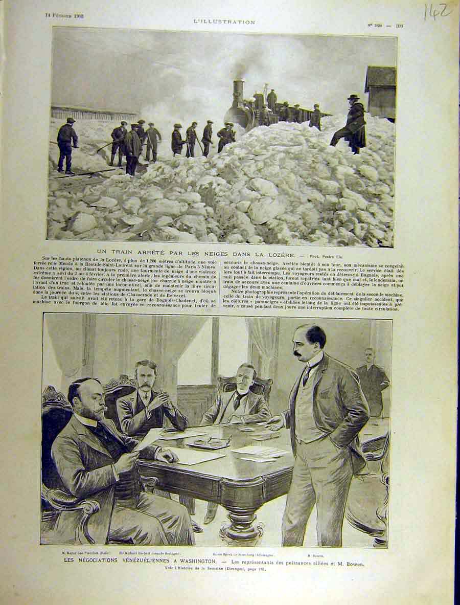 Original Old Antique Print 1903 Train Snow Lozere Washington Venezuela Bowen