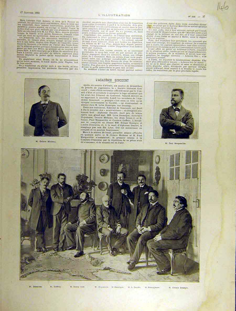 Original Old Antique Print 1903 Goncourt Academy Mirbeau Margueritte Portrait