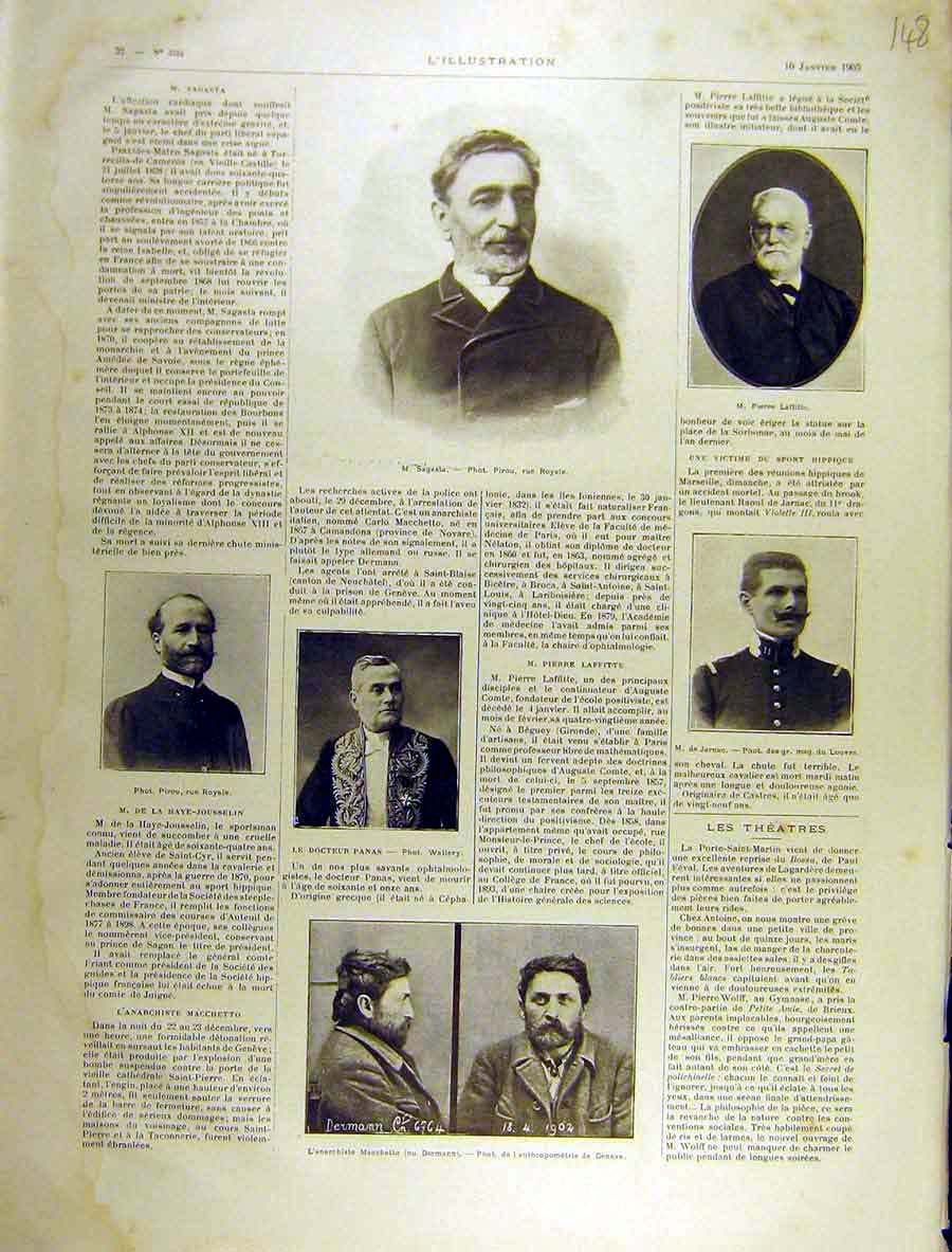 Original Old Antique Print 1903 Sagasta Lafitte Panas Macchetto Haye-Jousselin
