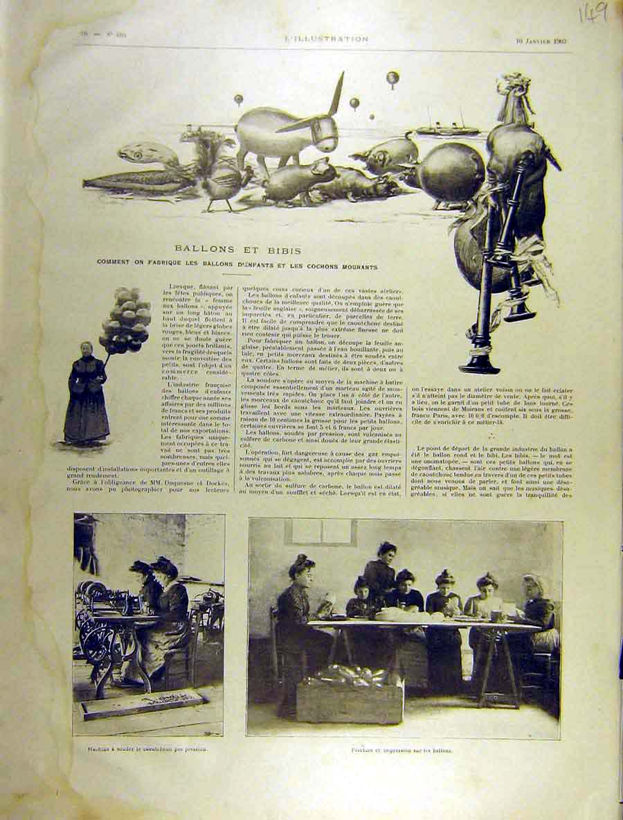 Original Old Antique Print 1903 Balloons Factory Machine Children Painted 20th