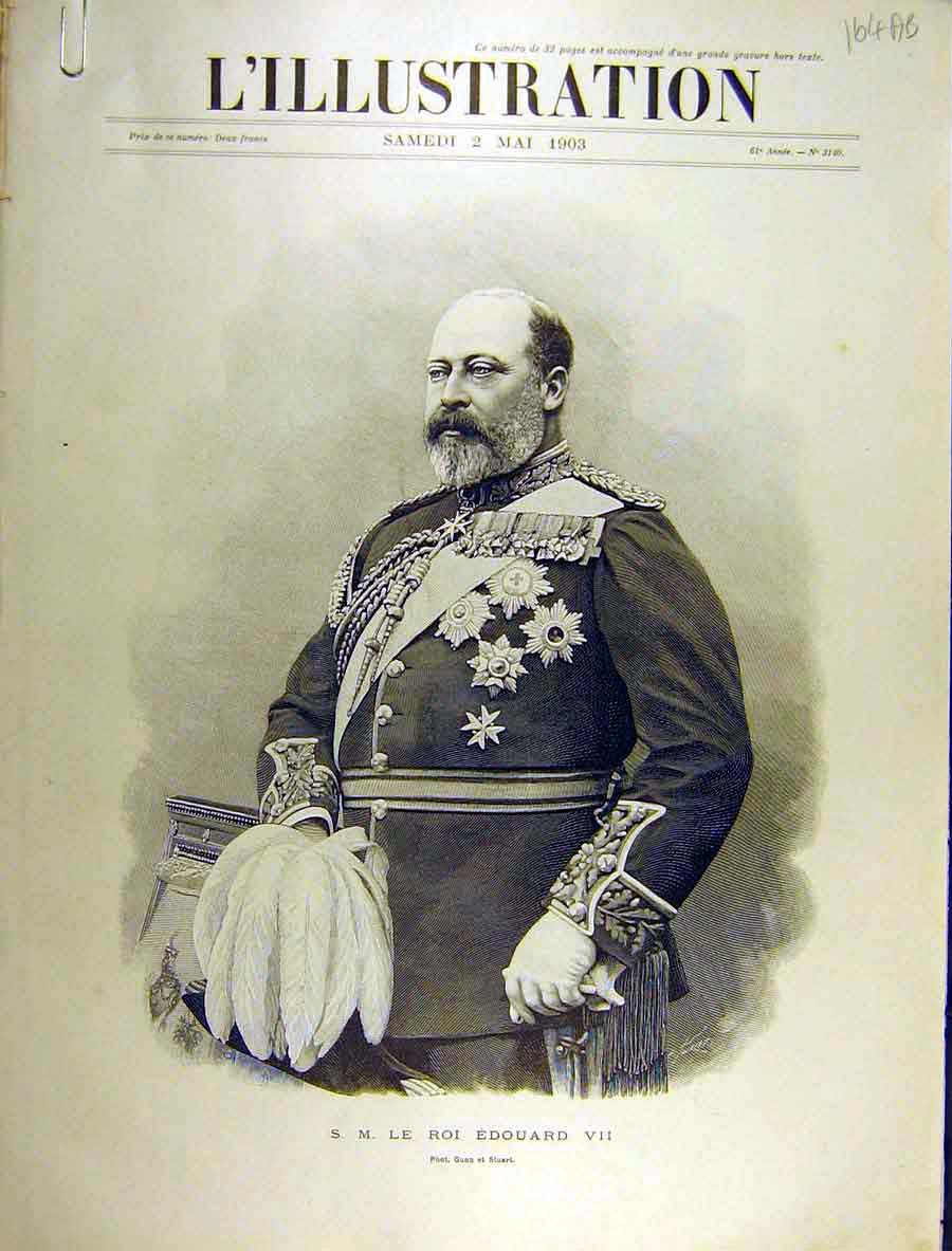 Original Old Antique Print 1903 King Edward Portrait Gibraltar Military Review