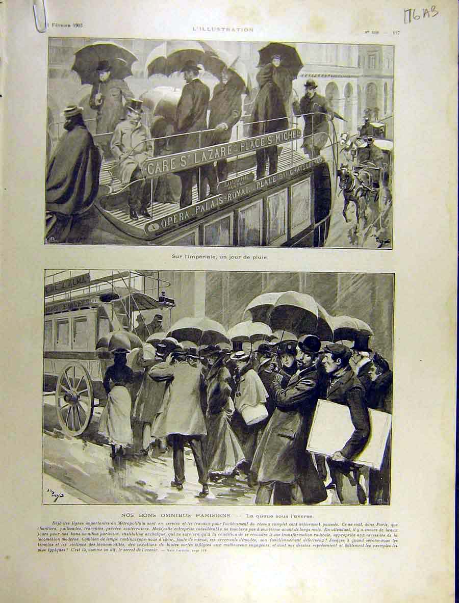 Original Old Antique Print 1903 Omnibus Paris Metropolitan Transport French