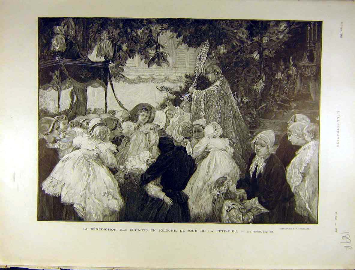 Original Old Antique Print 1903 Benediction Children Fete-Dieu Fox-Hunt Terrier