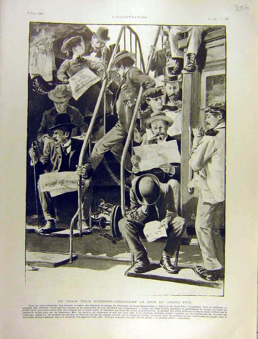 Original Old Antique Print 1903 Train Longchamp Grand-Prix People French 20th