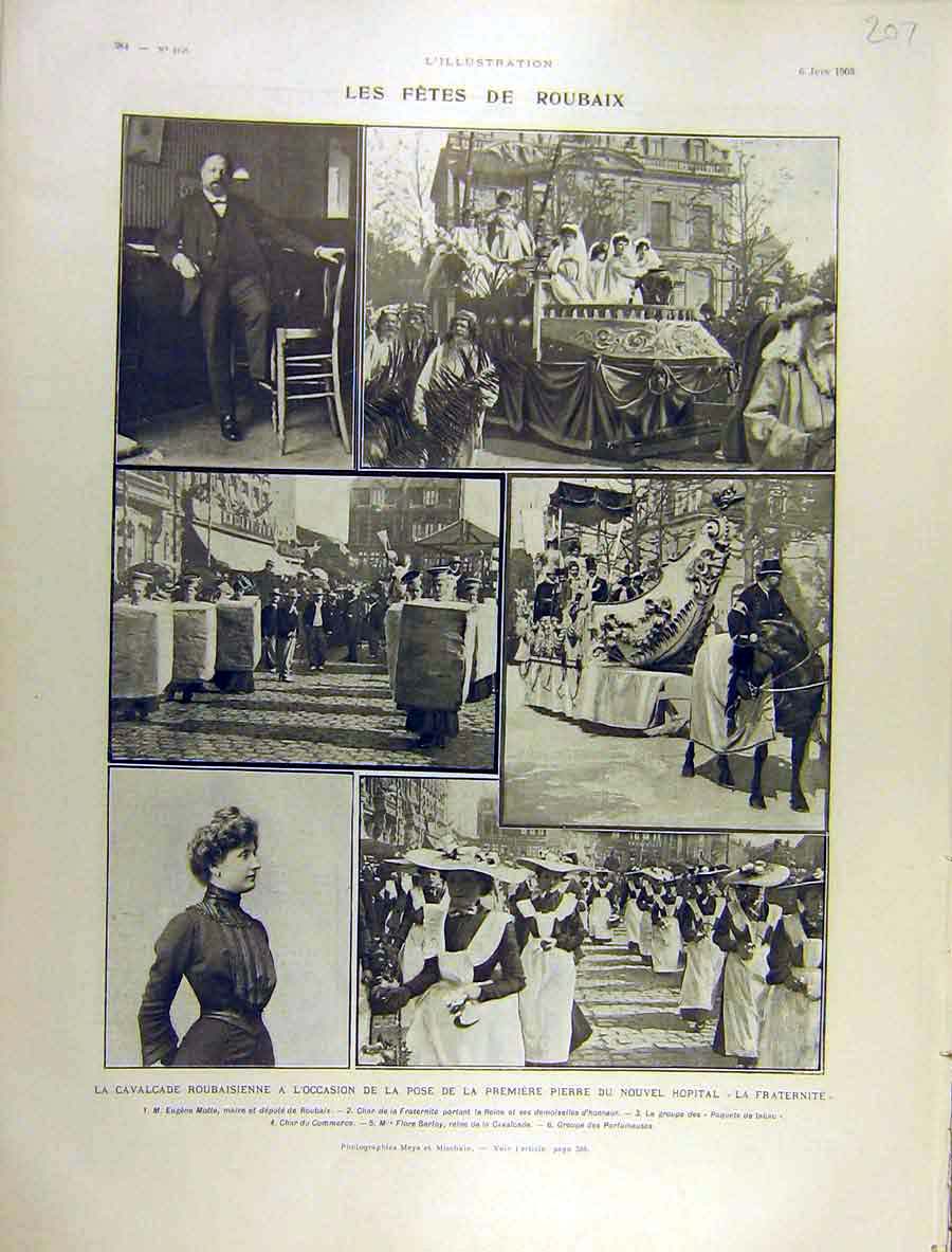 Original Old Antique Print 1903 Roubaisienne Hospital Fraternity Nurses Fete