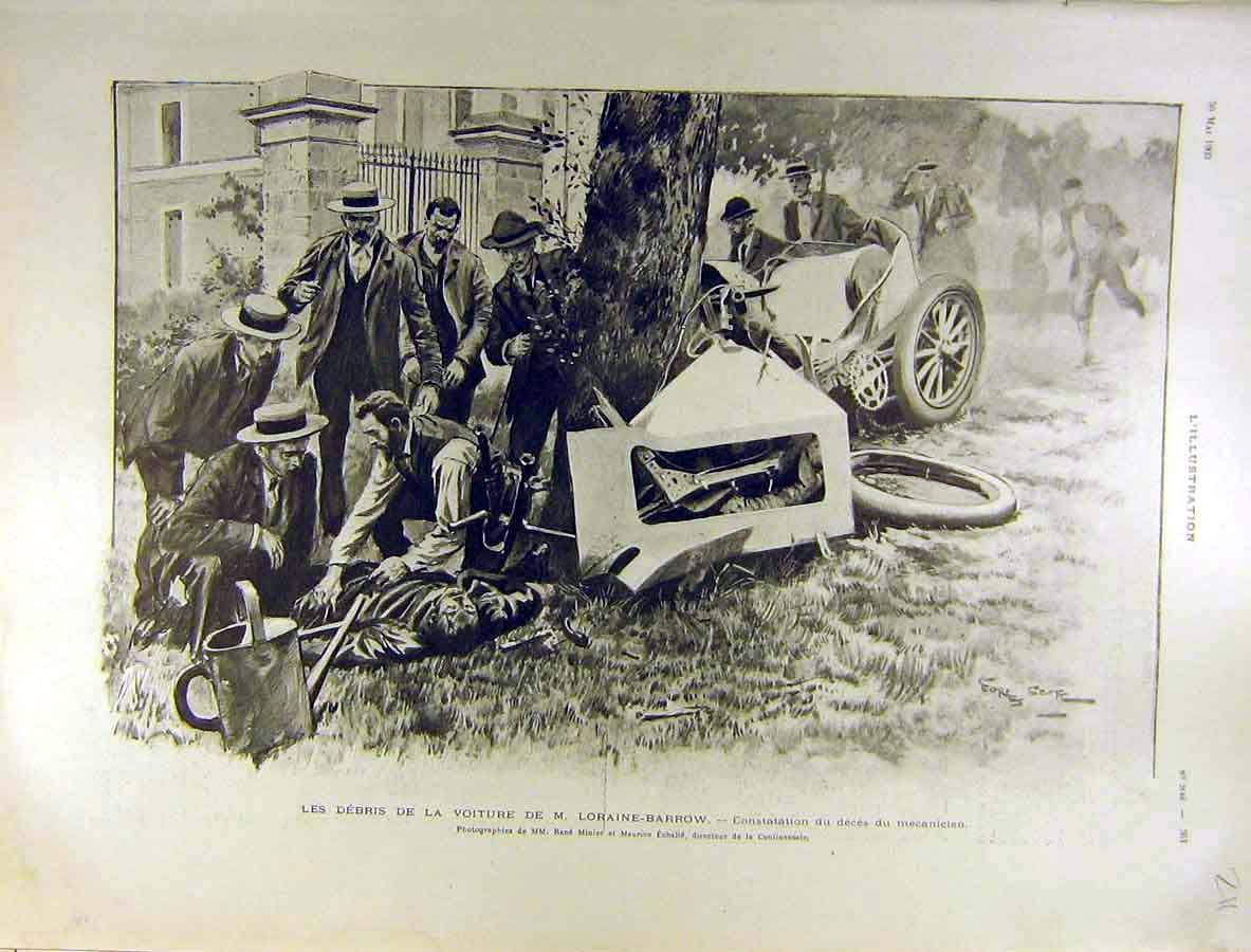 Original Old Antique Print 1903 Loraine-Barrow Accident Automobile Race 20th