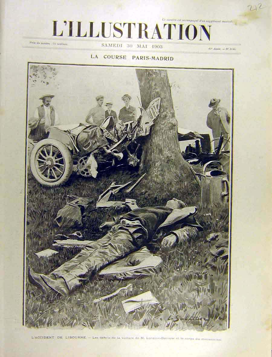 Original Old Antique Print 1903 Libourne Accident Automobile Loraine-Barrow 20th