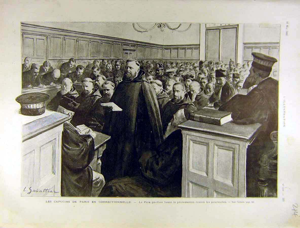 Original Old Antique Print 1903 Father Priest Monnk Court Capuchins Paris 20th