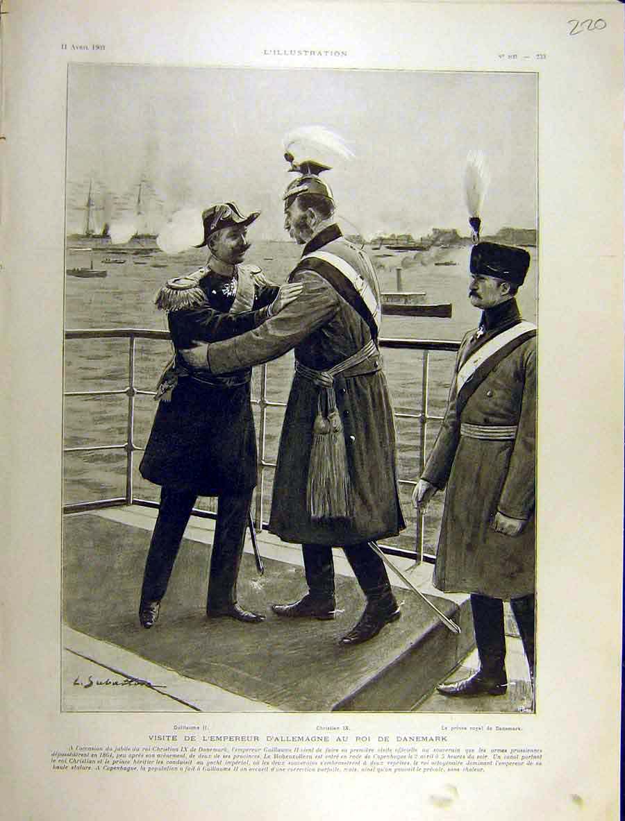 Original Old Antique Print 1903 German Emperor King Denmark Guilluame Christian
