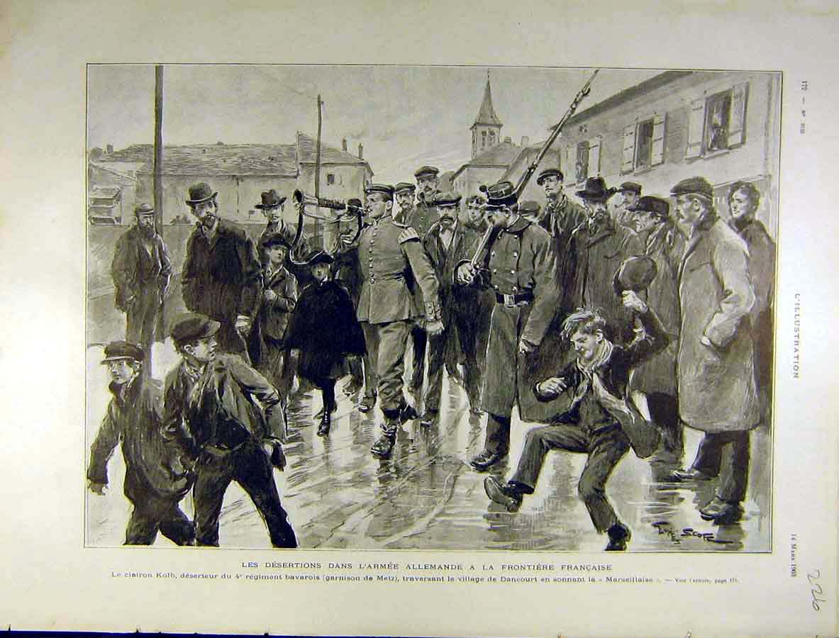 Original Old Antique Print 1903 German Army Deserters French Front Metz Kolb