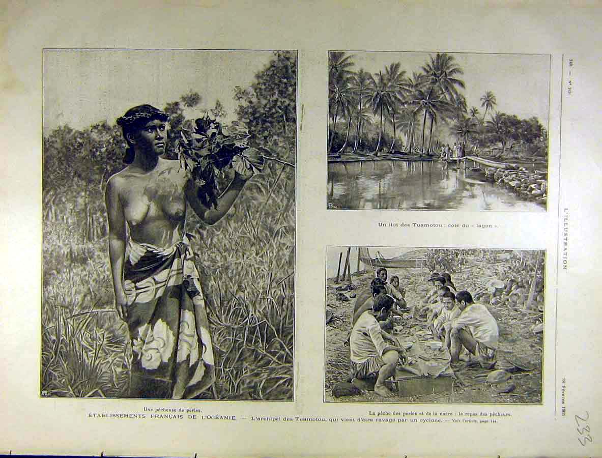 Original Old Antique Print 1903 Tuamoto French Island Cyclone People 20th