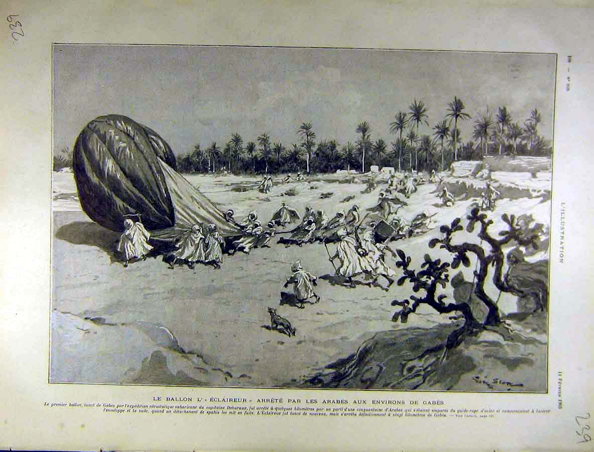 Original Old Antique Print 1903 Balloon Eclaireur Arabs Gabes Expedition 20th