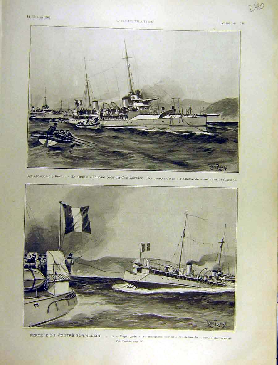 Original Old Antique Print 1903 Espingole Lardier Hallebarde Ships Navy 20th