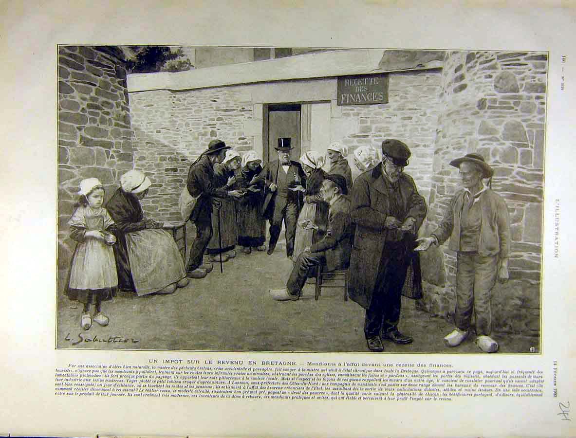 Original Old Antique Print 1903 Bretagne Revenue Finance Receiver French 20th