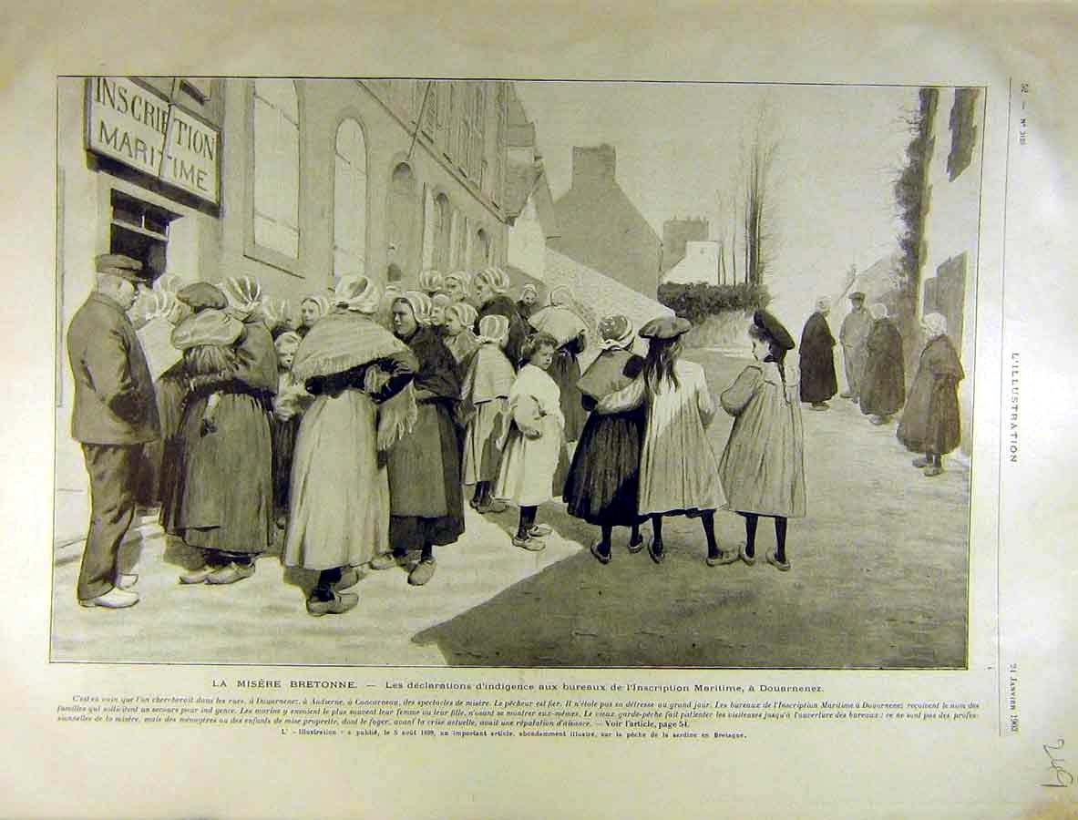 Original Old Antique Print 1903 Bretonne Maritime Inscription Douarnenez 20th