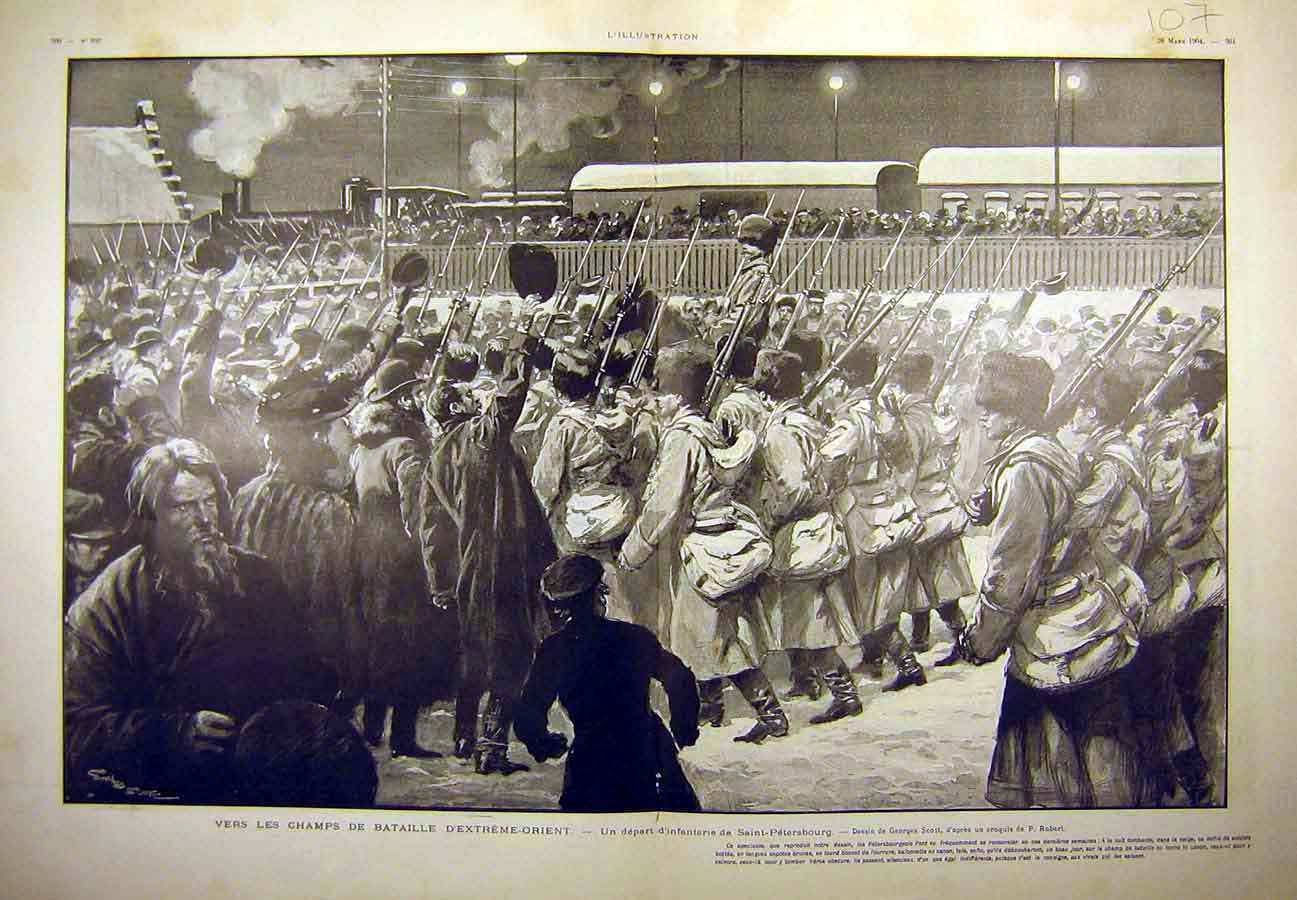 Original Old Antique Print 1904 Troops Battle Saint-Petersburg Russian Siers