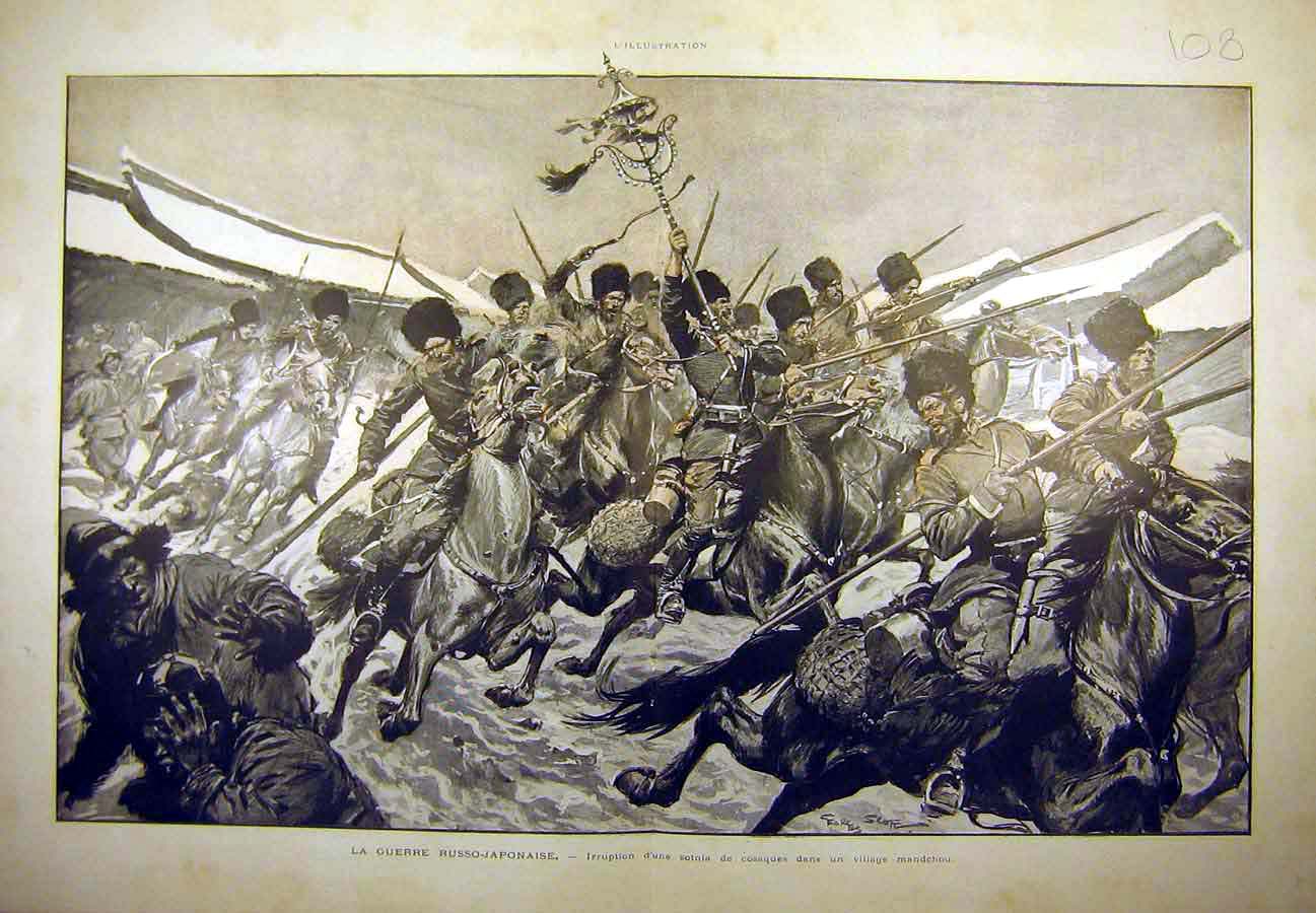 Original Old Antique Print 1904 Russian-Japanese War Battle Mandchou 20th