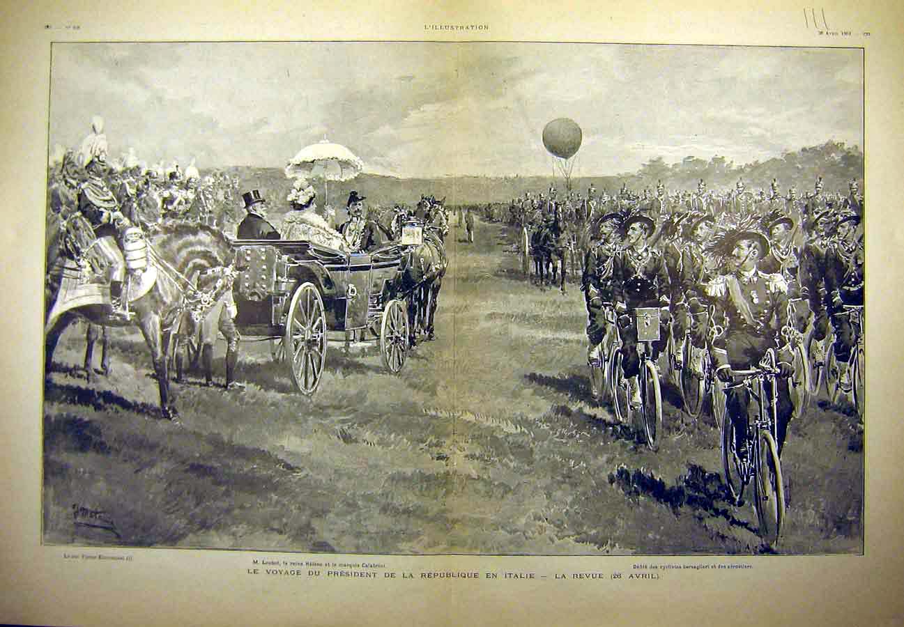 Original Old Antique Print 1904 President Republic Italy Review Military Loubet