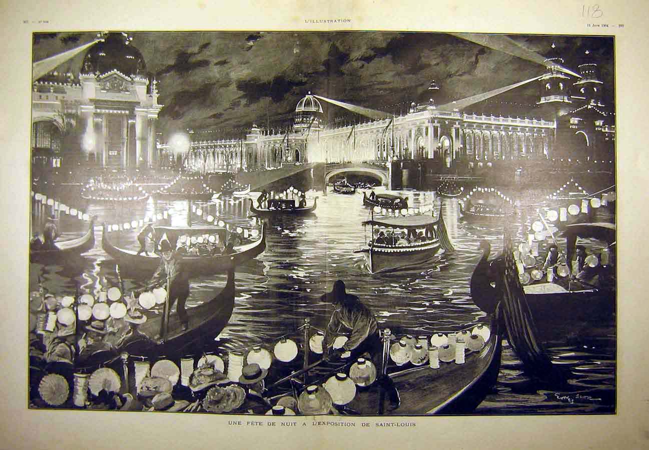 Original Old Antique Print 1904 Fete Exhibition Saint-Louis Boats River Lights