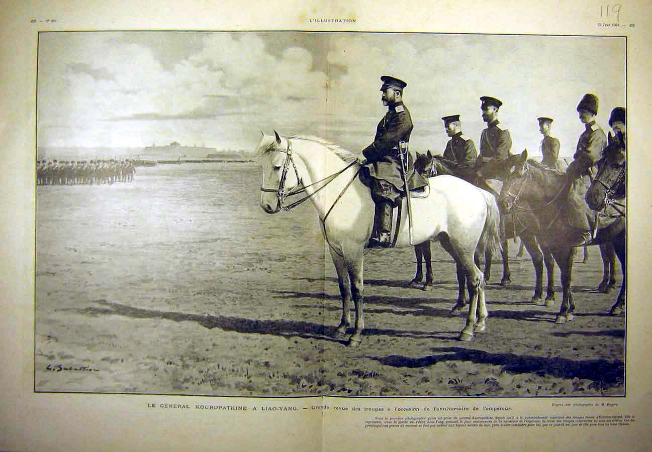 Original Old Antique Print 1904 Kouropatkine Liao-Yang Japanese Review Military