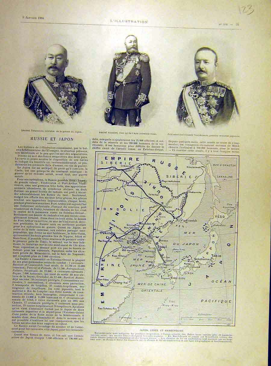 Original Old Antique Print 1904 Teraoutchi Alexeief Taro-Katsuru Map Japan 20th