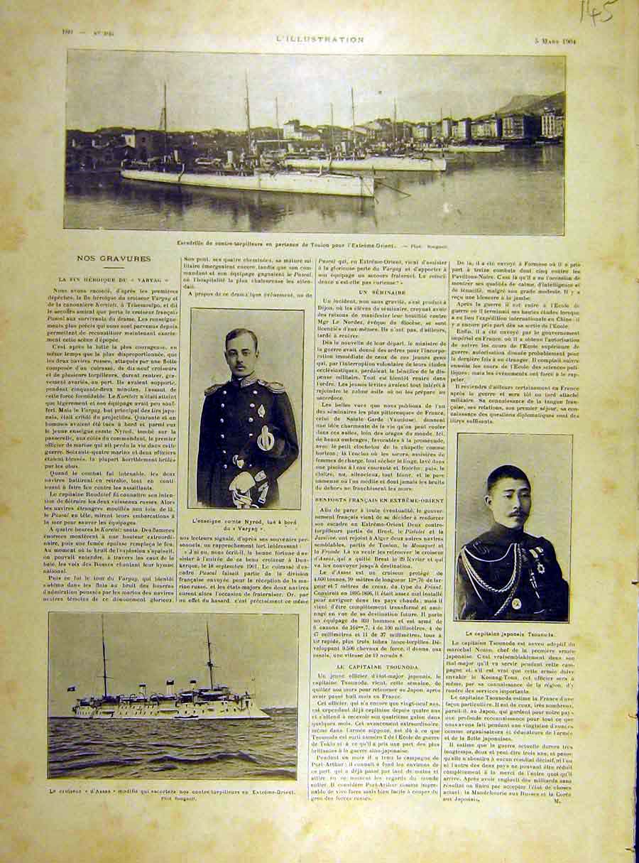 Original Old Antique Print 1904 Toulon Torpedo Ships Nyrod Tsounoda Cruiser Ship