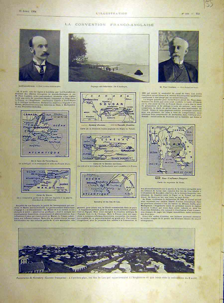 Original Old Antique Print 1904 French-English Convention Lansdowne Cambon Map