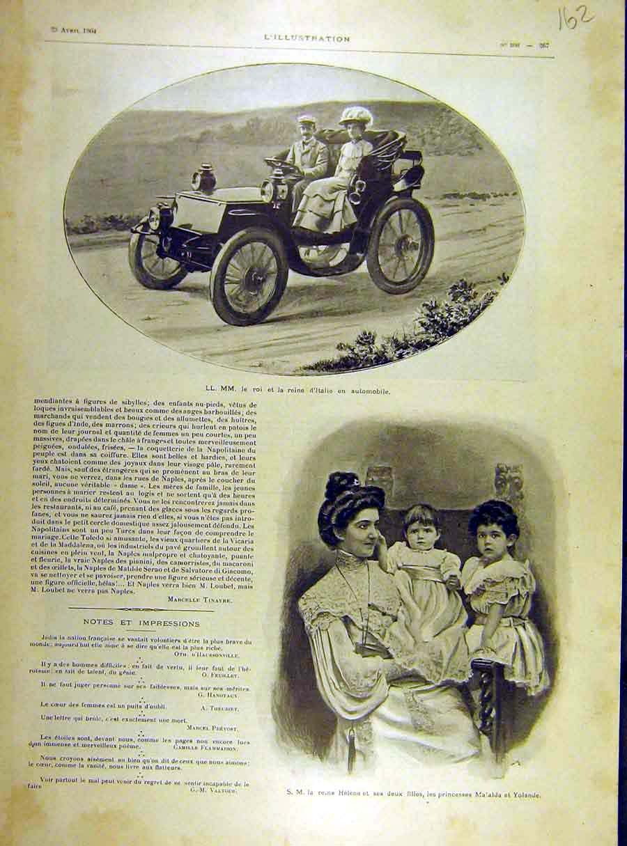 Old Antique Print 1904 King Queen Italy Automobile Helene Matalda Yolande 20th