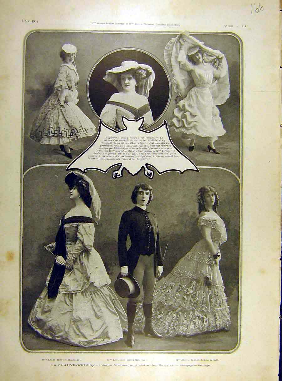Original Old Antique Print 1904 Strauss Opera Variety Theatre Ladies French 20th