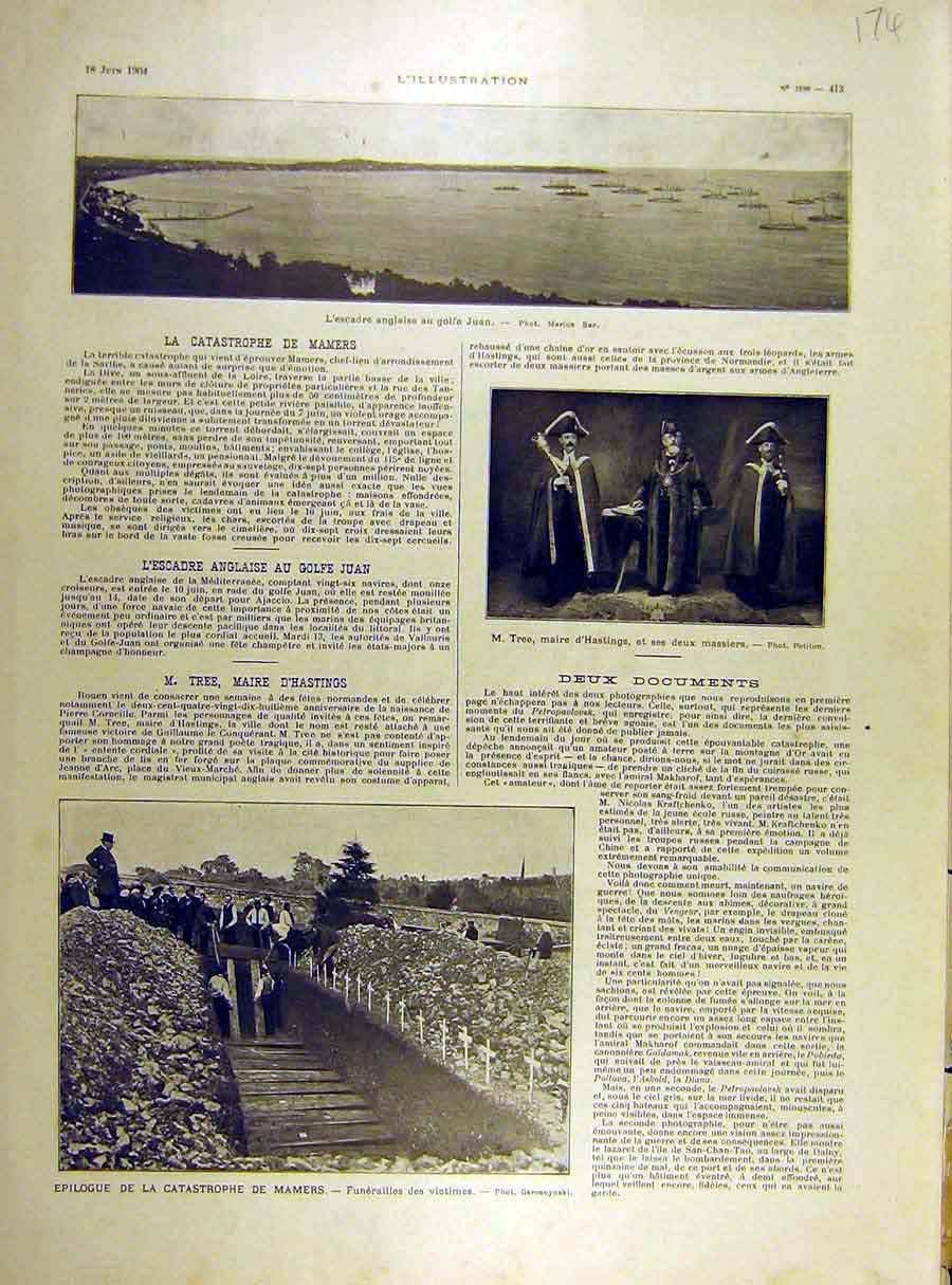 Original Old Antique Print 1904 Juan Gulf English Squadron Mamers Tree Theatre
